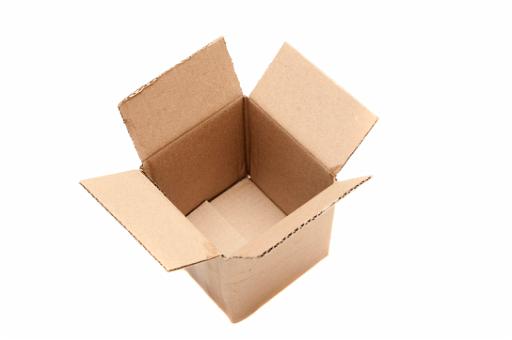 High angle view looking into the interior of an open empty brown cardboard box for packaging and removals isolated on white