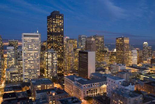 colourful and brightly lit cityscape of san francisco downtown at night